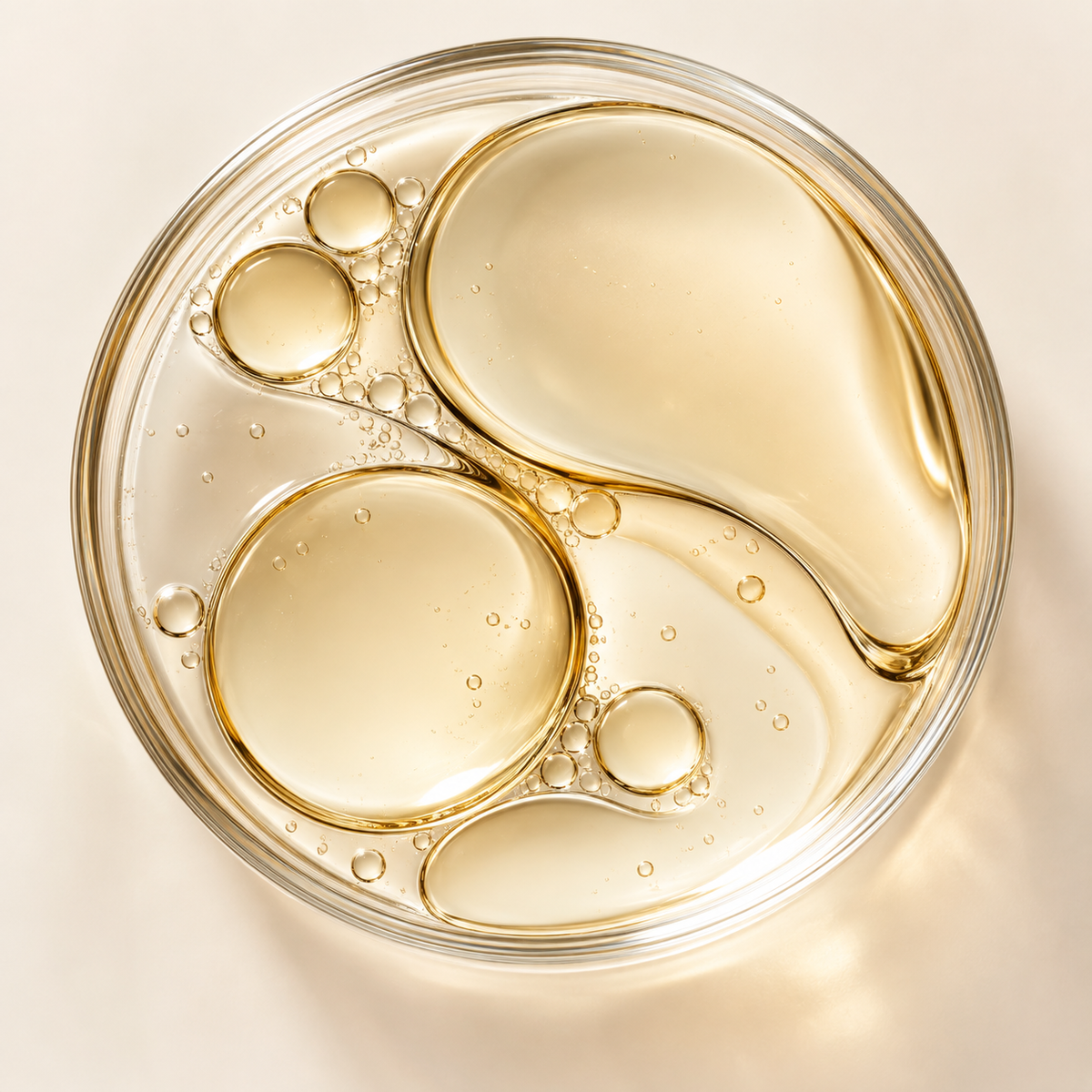 Golden oil droplets in a glass dish; conceptual lipid illustration.