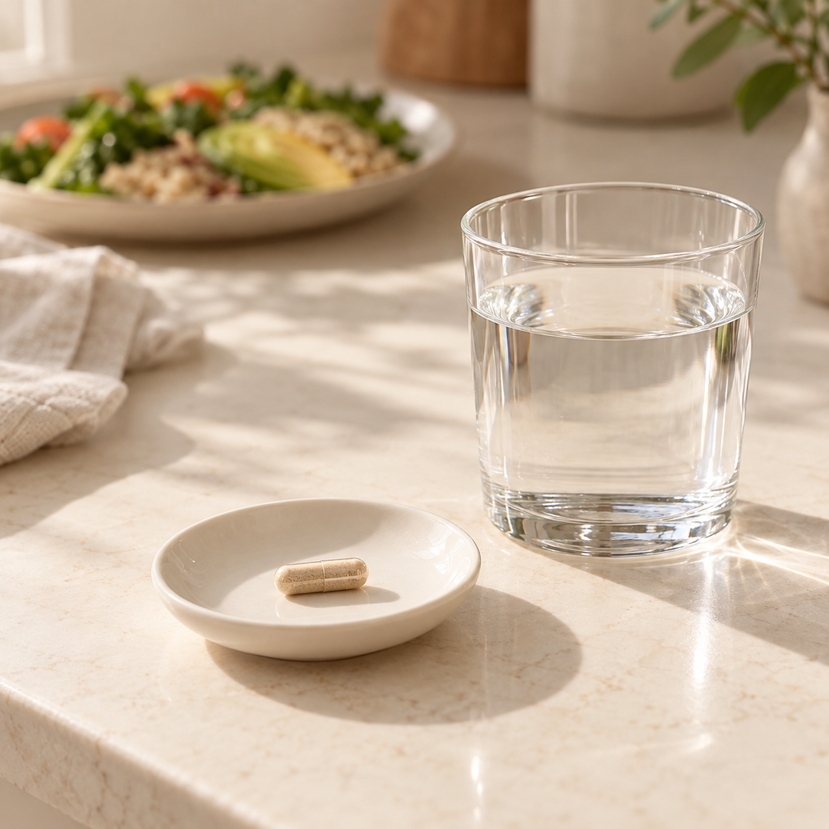 One capsule and water before a meal.