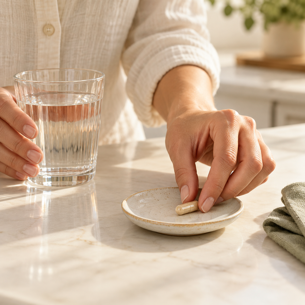 A hand placing one capsule in a dish beside water.