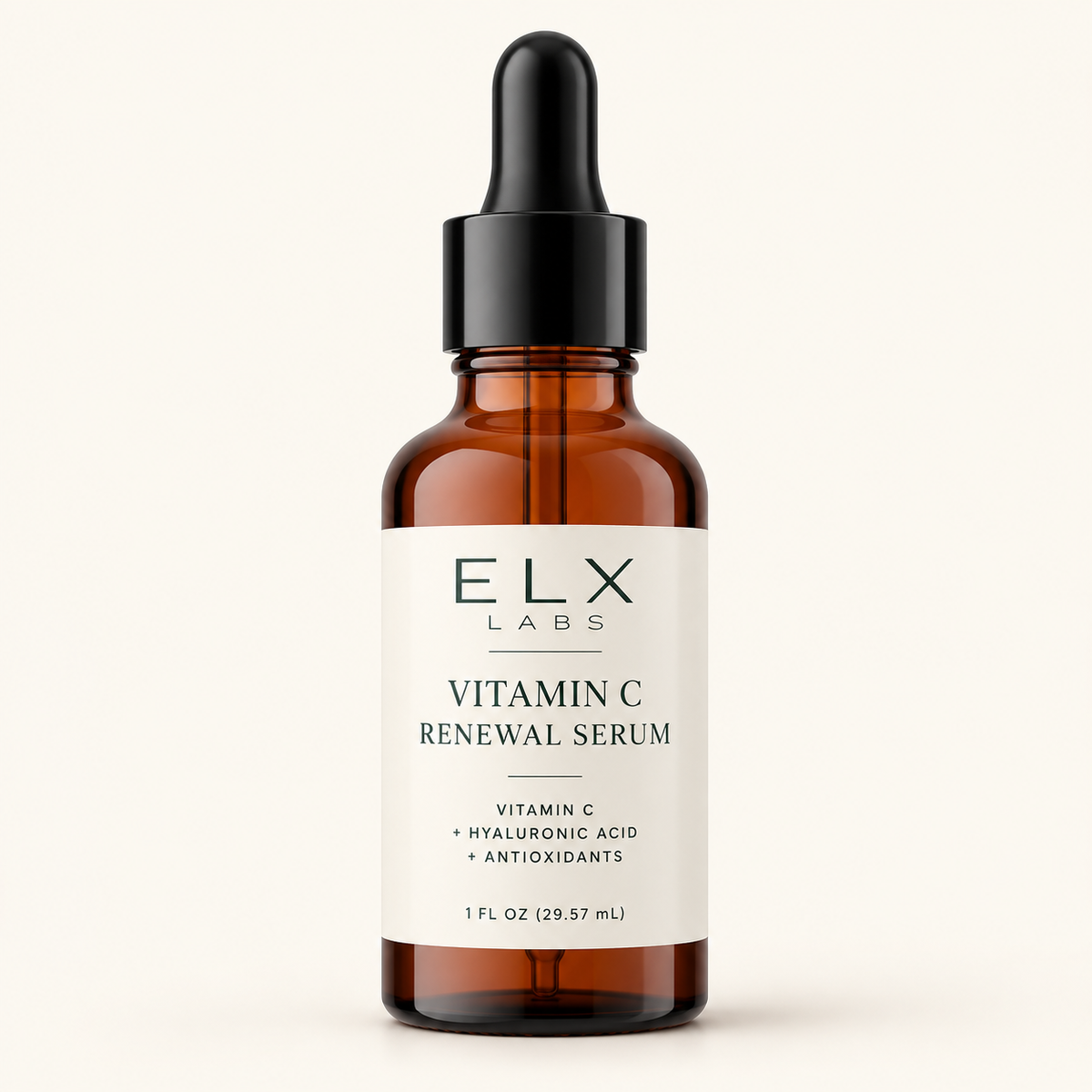 Vitamin C Renewal Serum bottle against a cream background.