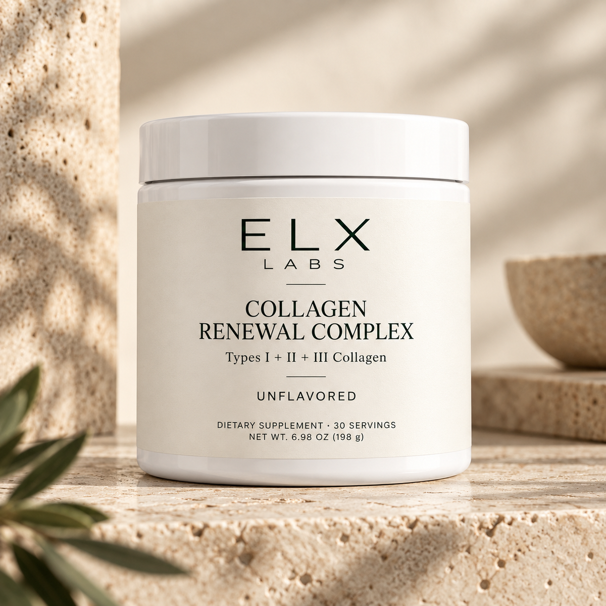 Collagen Renewal Complex jar on a stone pedestal.