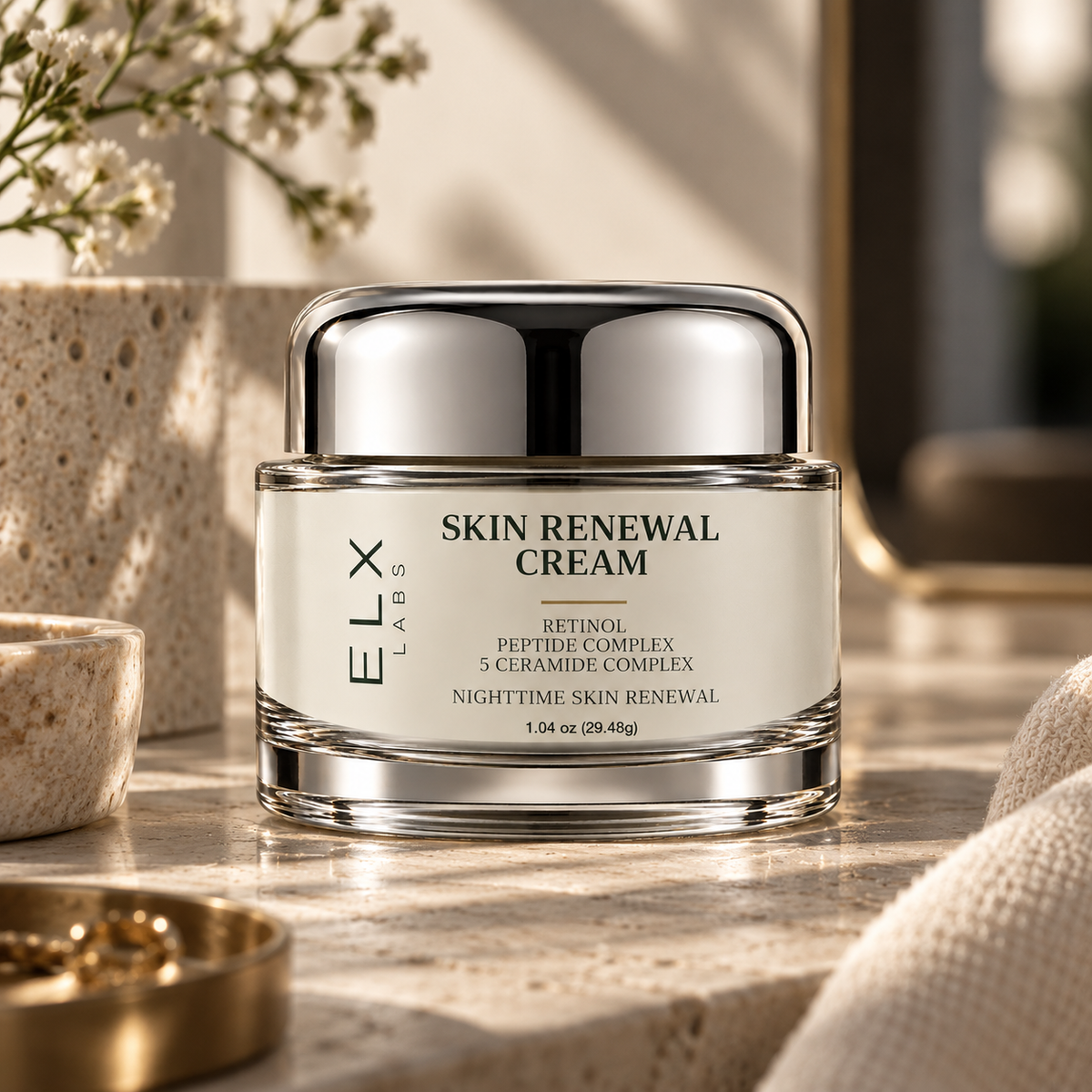 ELX Skin Renewal Cream facial moisturizer jar.