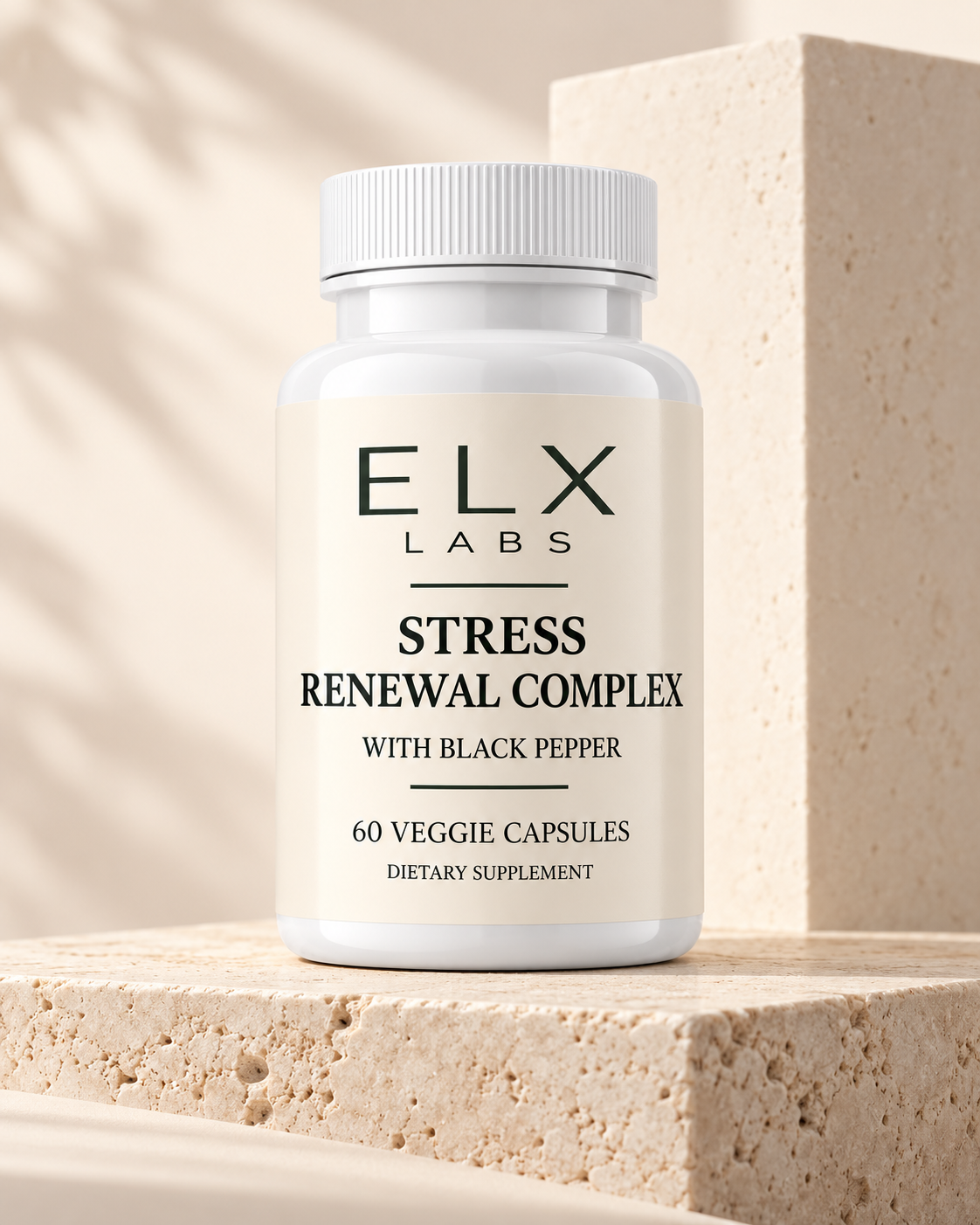 Stress Renewal Complex bottle on a travertine pedestal.