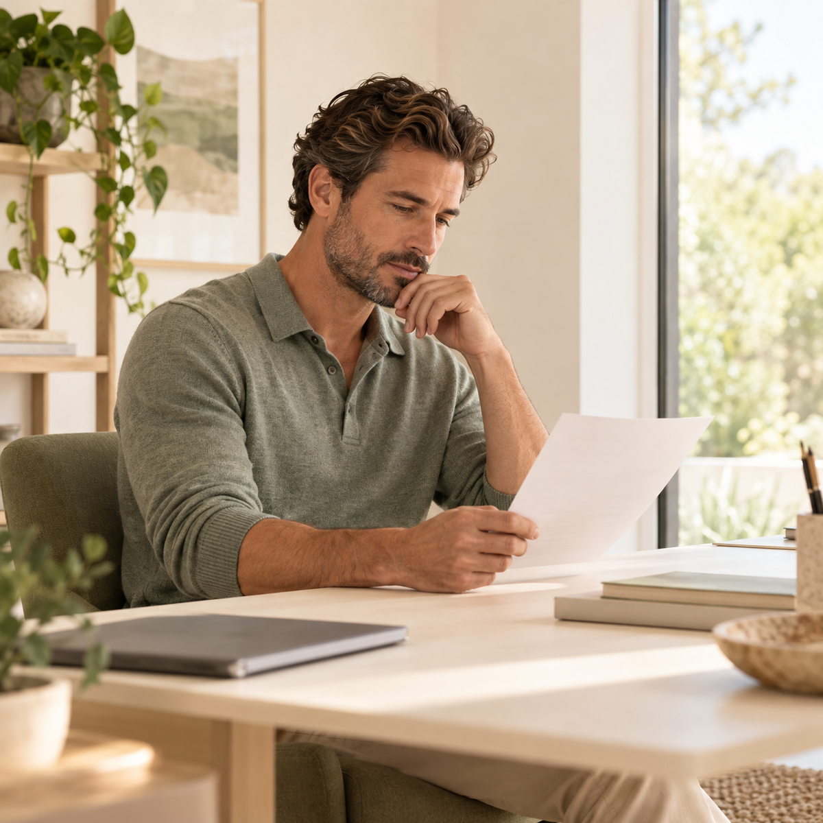 A man reading at a desk in natural light.
