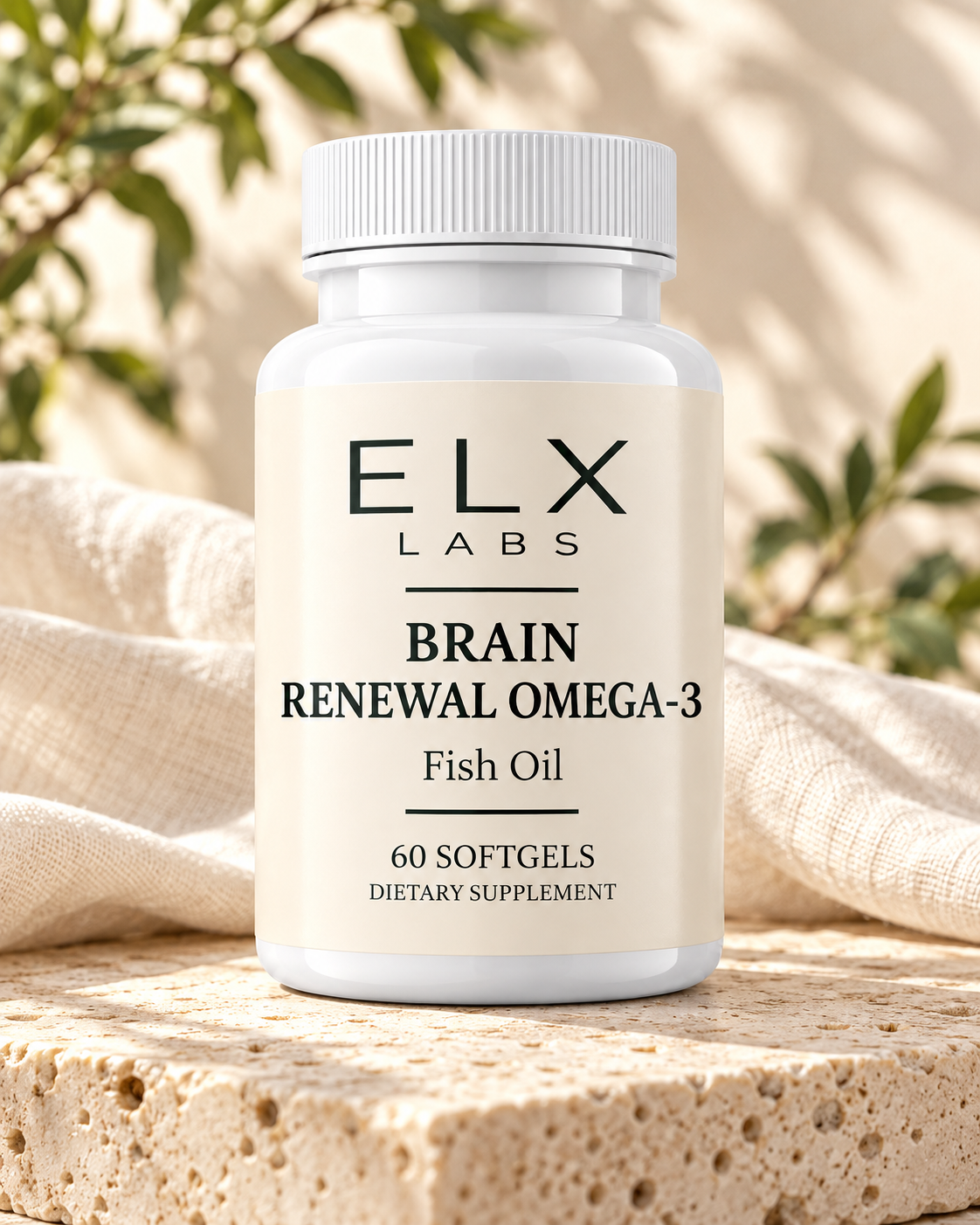 Brain Renewal Omega-3 bottle in natural light.