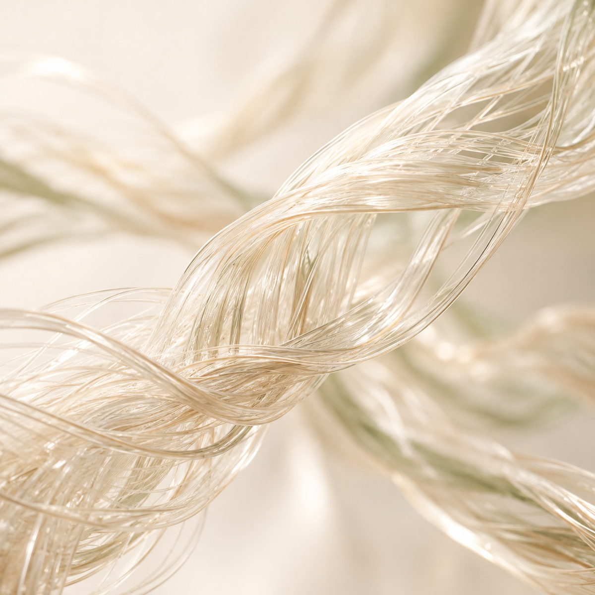 Interwoven translucent fibers on an ivory background; conceptual illustration.