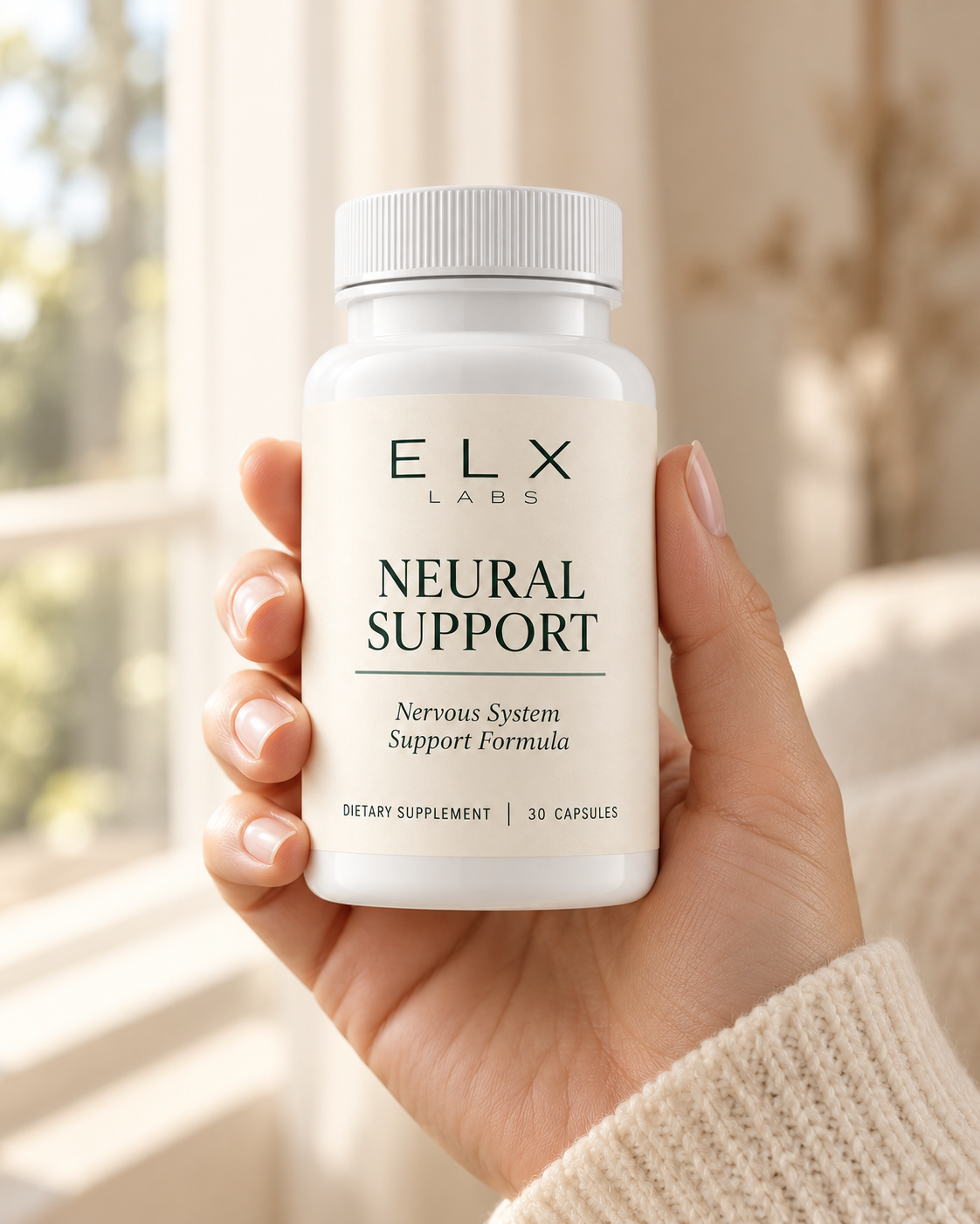Neural Support bottle held beside a window.