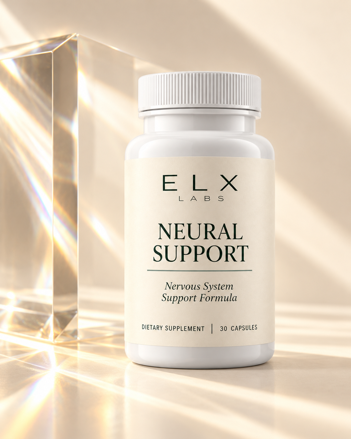 Neural Support bottle with a glass prism in sunlight.