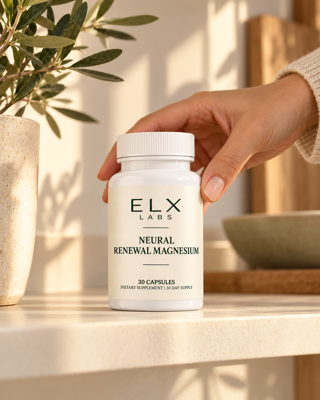 Hand placing Neural Renewal Magnesium on a shelf.
