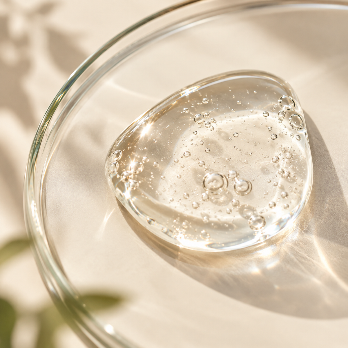 A clear gel droplet on a glass dish.