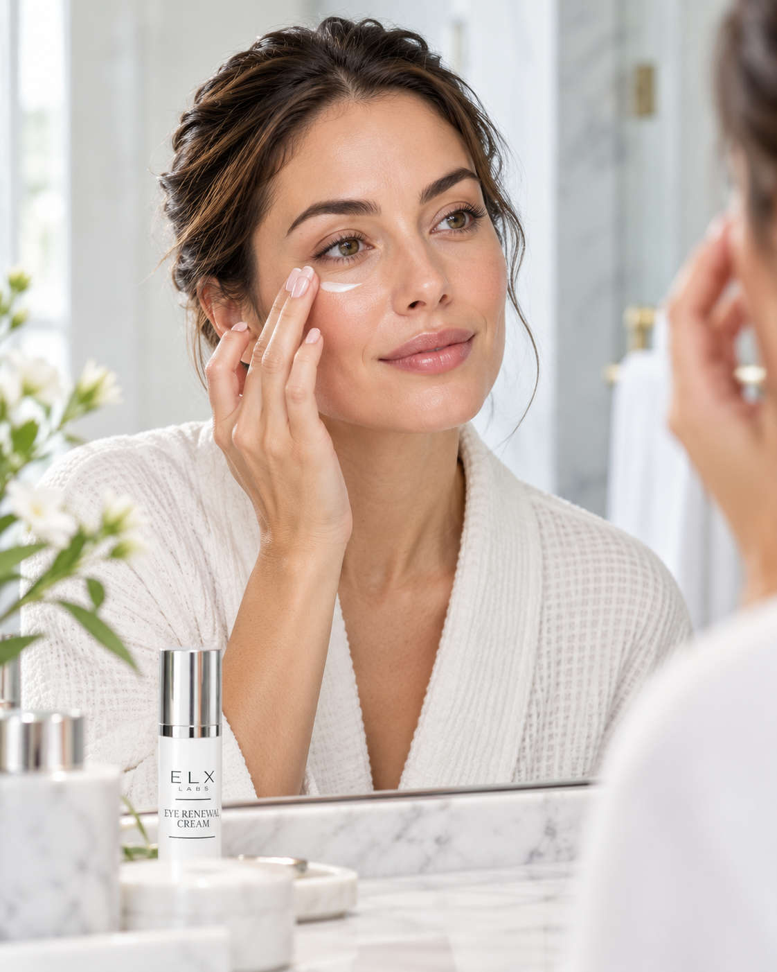 AI-generated illustration of eye-area cream application at a bathroom mirror