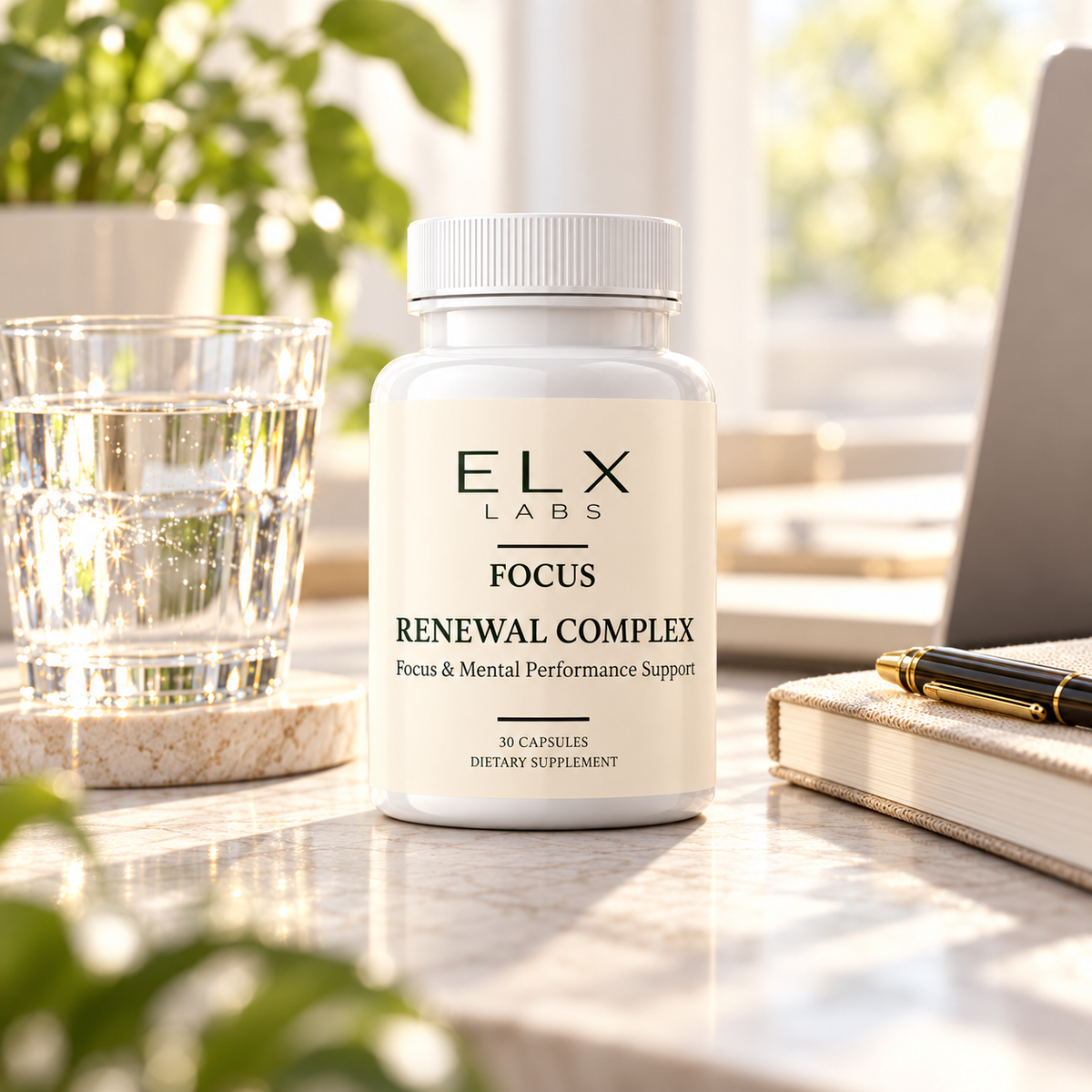 Focus Renewal Complex beside a glass of water and a book.