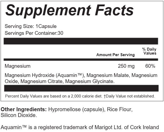 Magnesium Supplement Facts: 250 mg per capsule, 60% Daily Value, five magnesium sources and 30 servings.