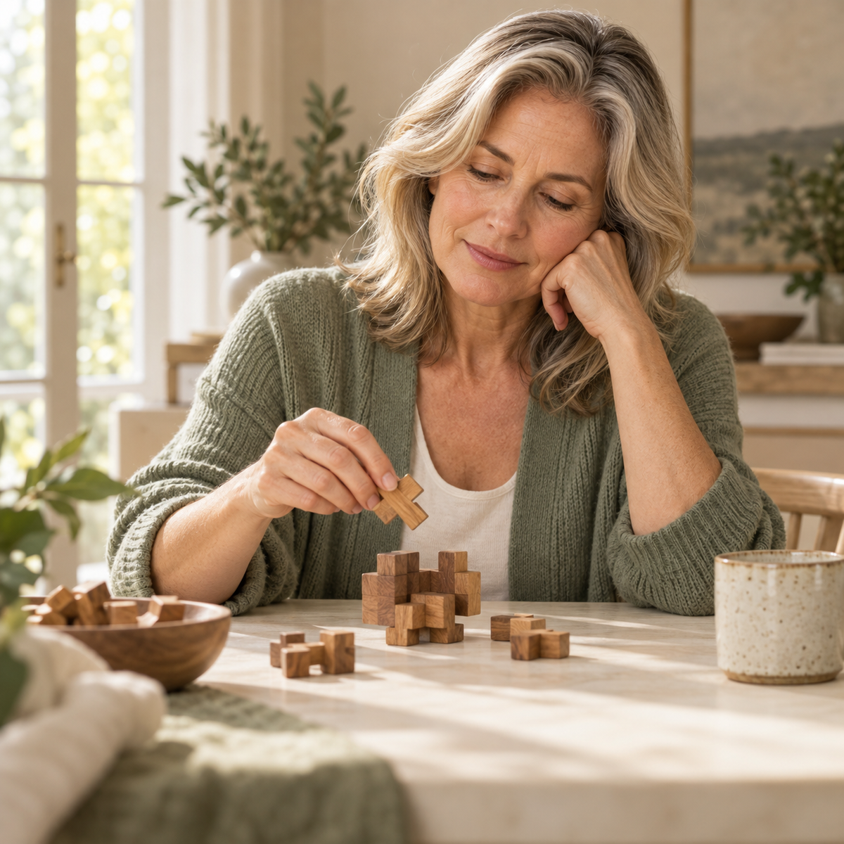A woman assembling a wooden puzzle.
