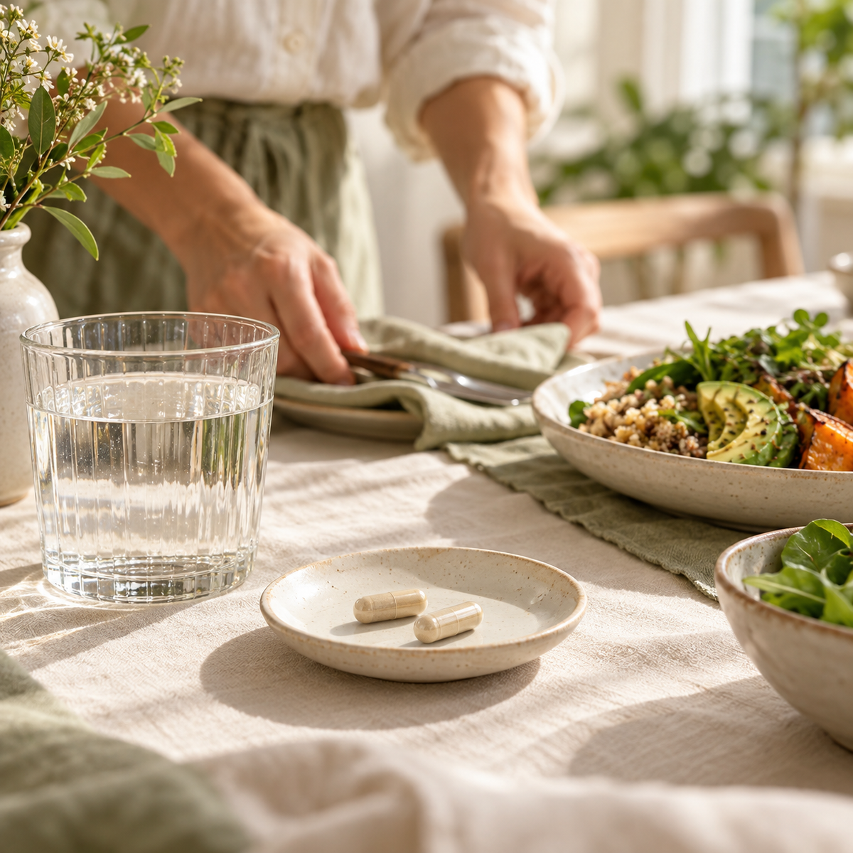 Two capsules and water in a calm meal setting.