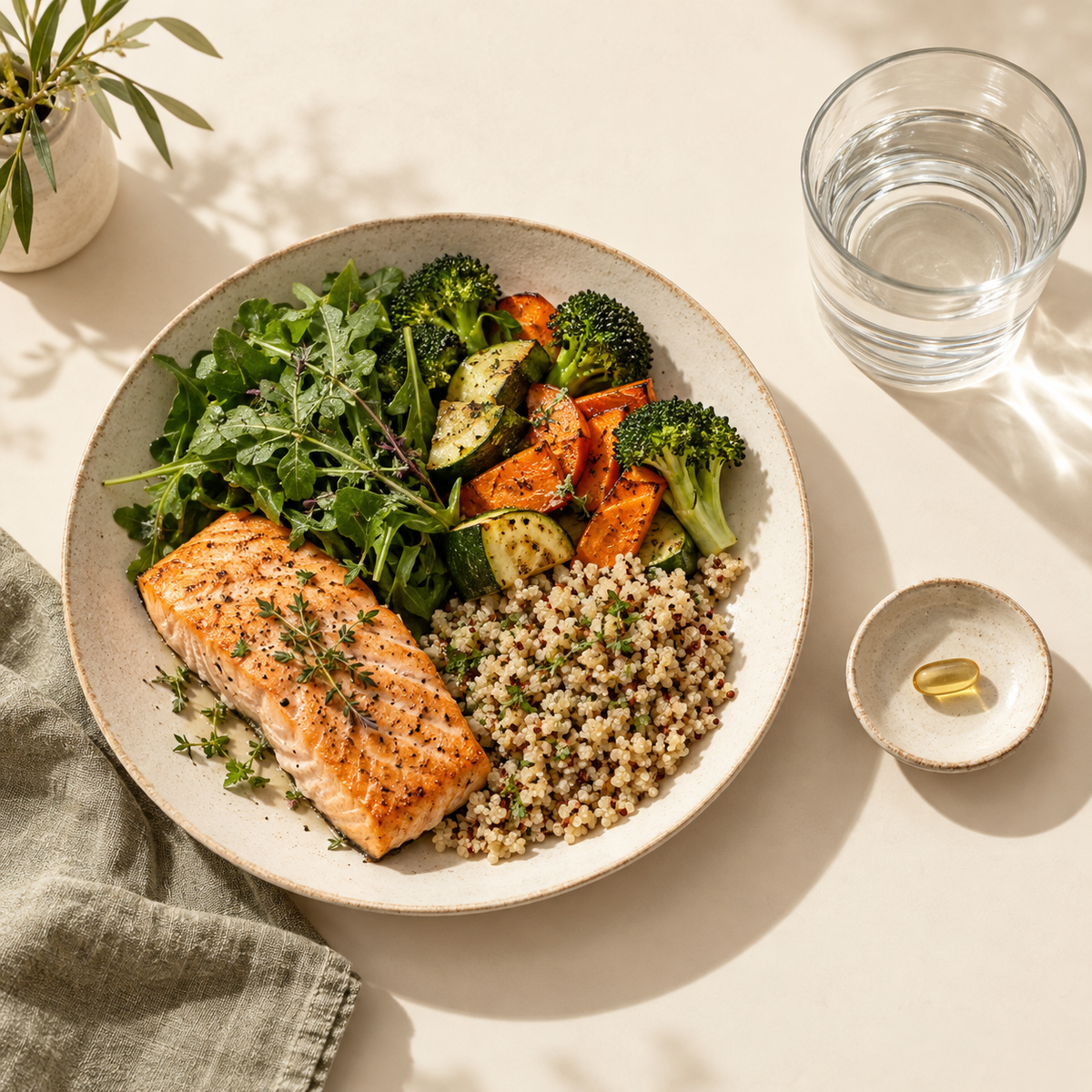 A balanced meal beside water and one amber softgel.