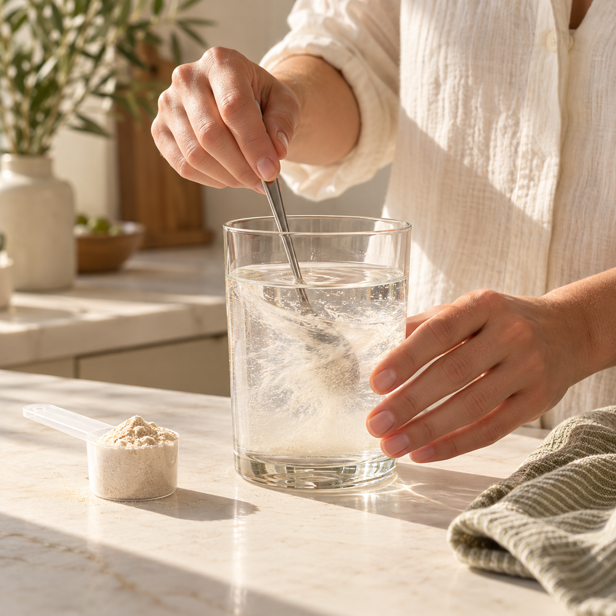 Hands stirring a powdered drink beside a scoop.