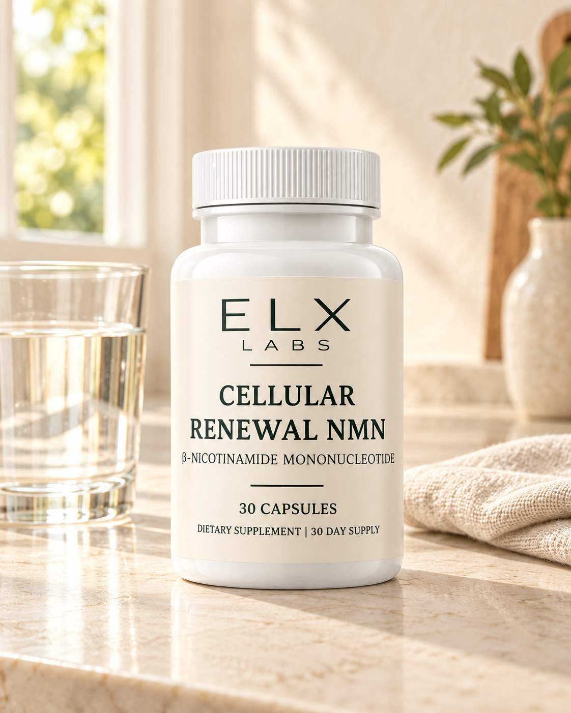 Cellular Renewal NMN bottle beside a glass of water at dawn.