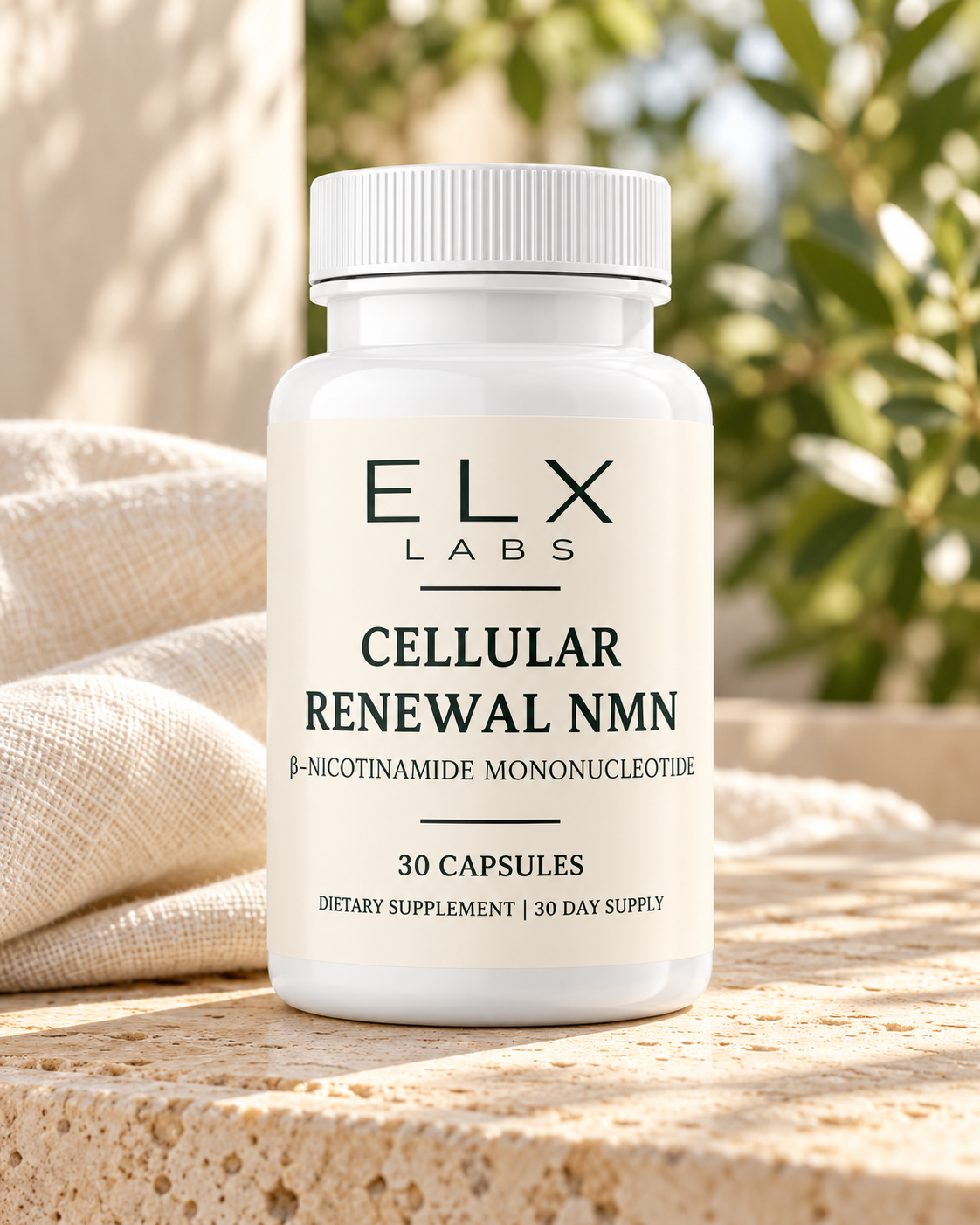 Cellular Renewal NMN bottle on stone in morning light.