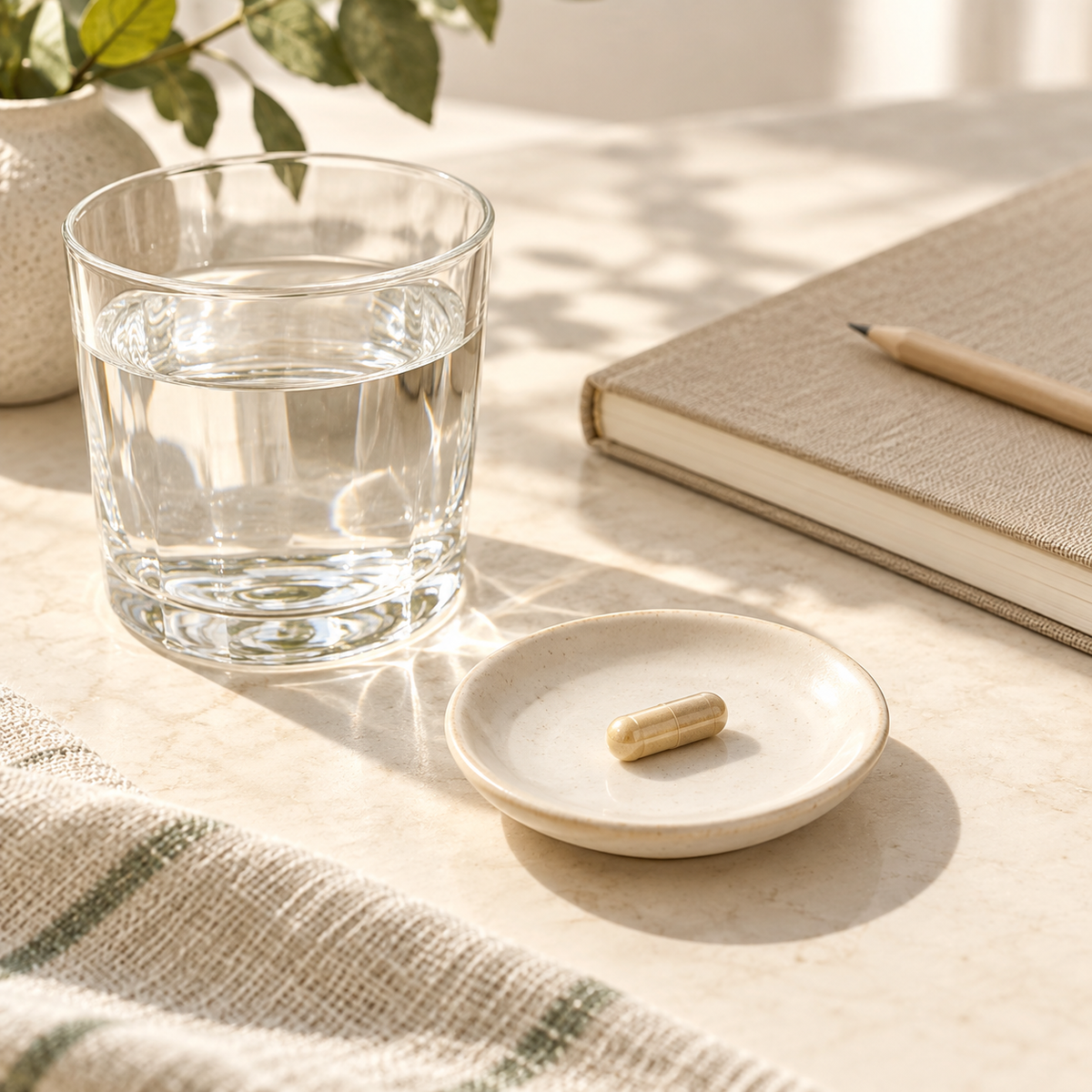 One capsule beside water and a notebook.