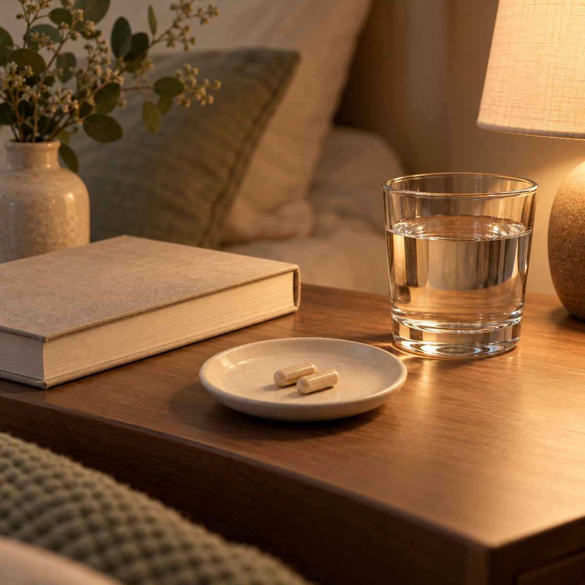 Two capsules beside water and a book on a bedside table.
