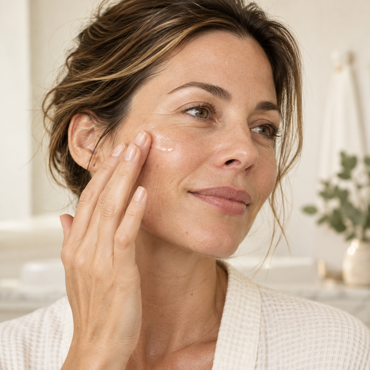 A woman gently applying skincare to her cheek.