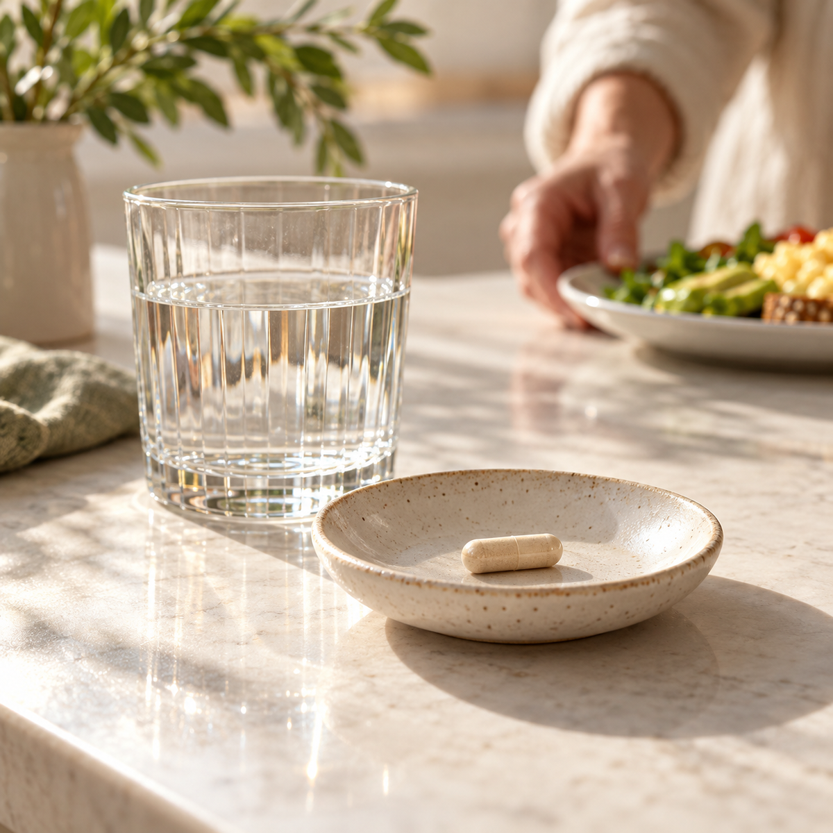 One capsule and water in a bright meal setting.
