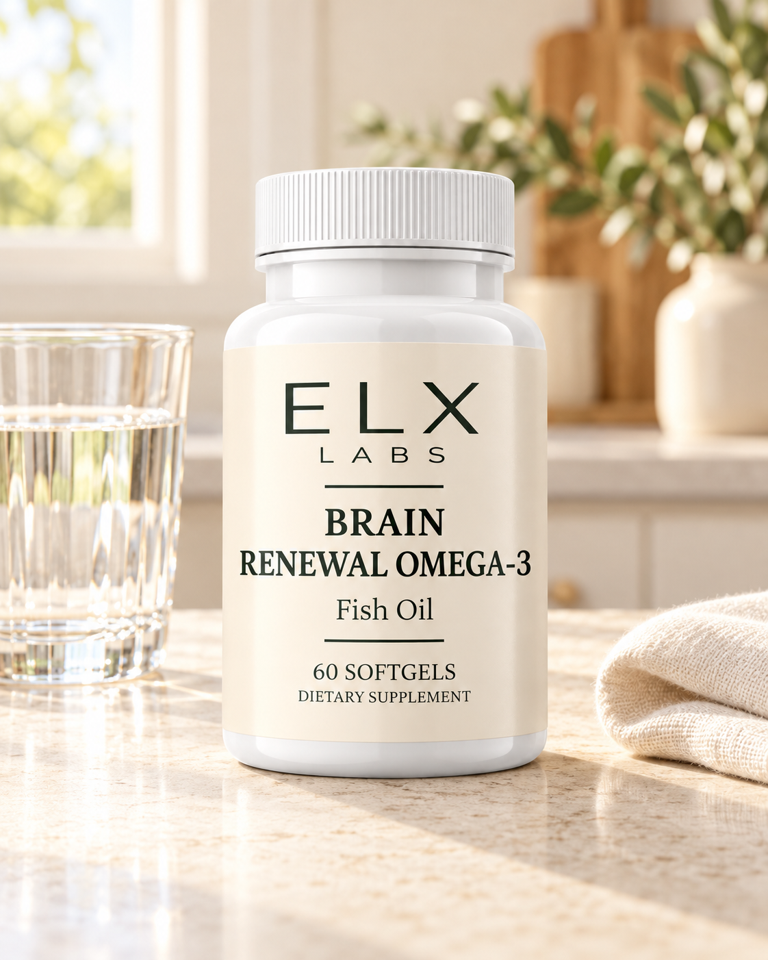Brain Renewal Omega-3 bottle beside water in a morning setting.