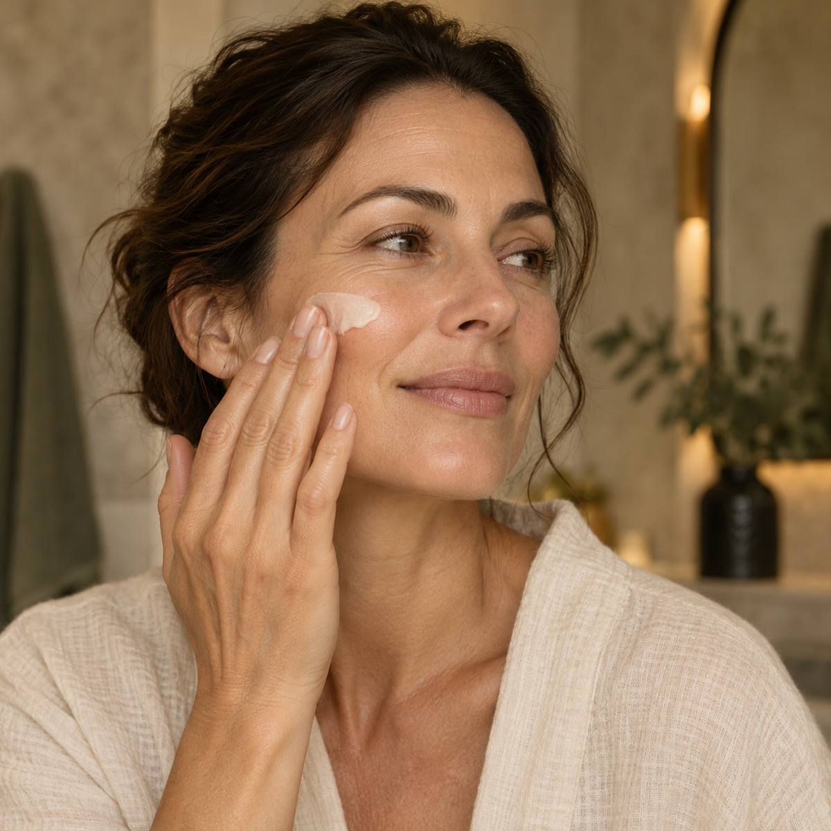 AI-generated lifestyle illustration of applying facial cream; not a customer testimonial or product result.